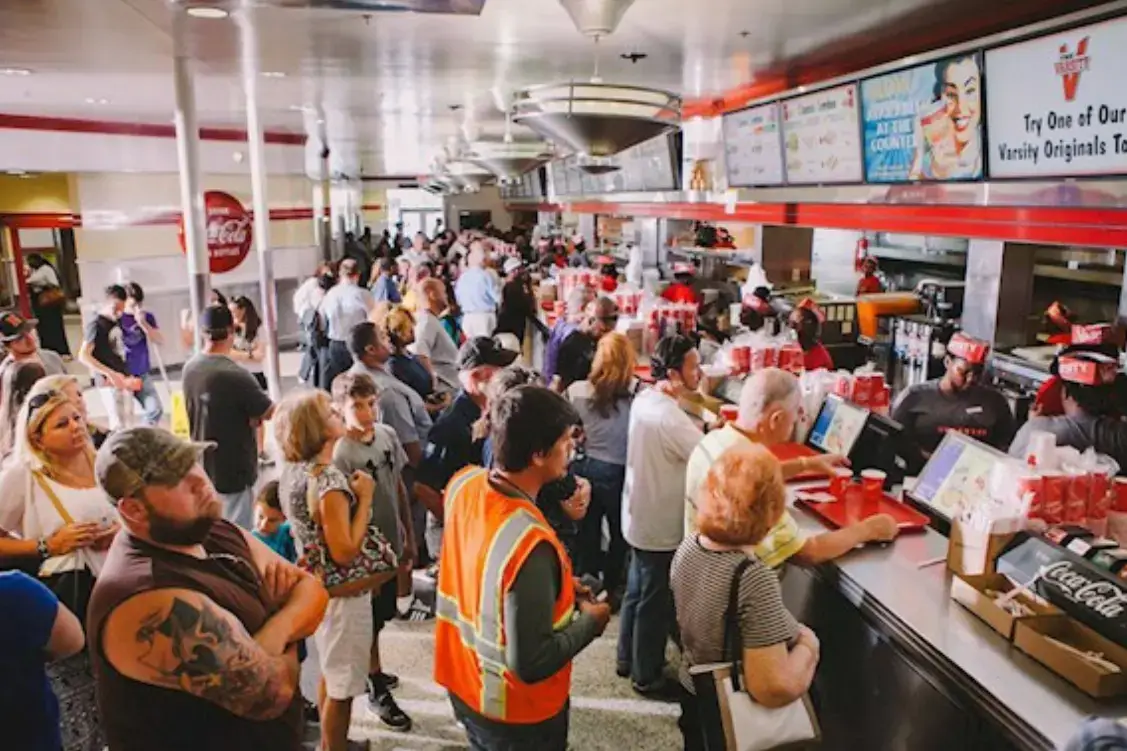 interior of classic Atlanta fast food restaurant The Varsity packed full of customers from all walks of life