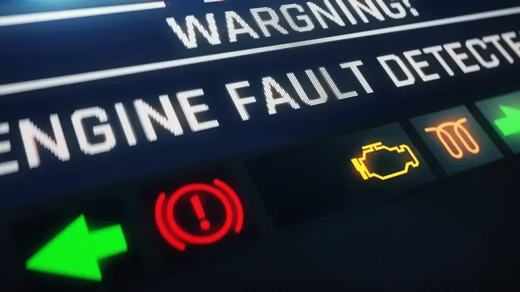 A close-up of a car dashboard displaying a warning message 'ENGINE FAULT DETECTED' along with illuminated warning lights, including an exclamation point in a circle and an engine symbol.